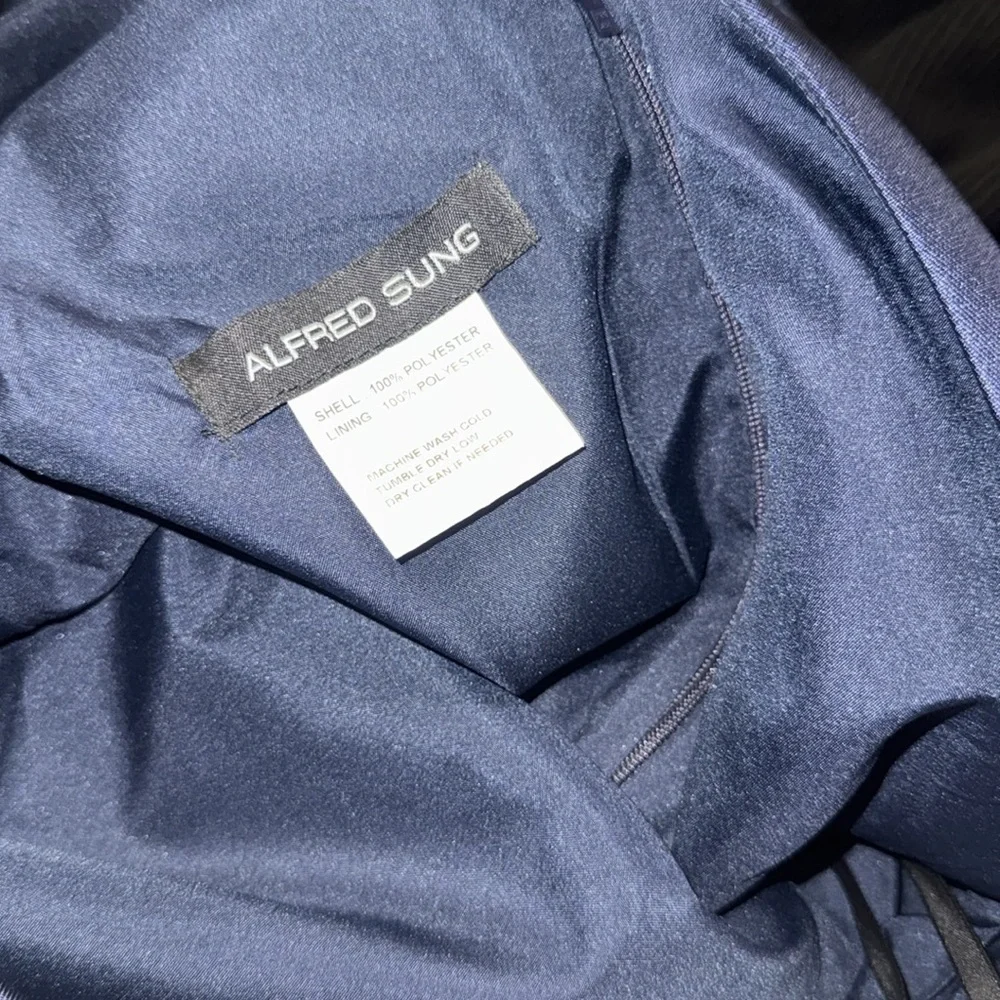 NEW ALFRED SUNG D815 DRAPED ONE-SHOULDER SATIN MAXI DRESS POCKETS NAVY sz 14 - Picture 4 of 6